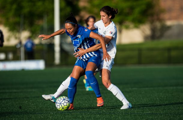 Allston, MA - Sunday, May 22, 2016: Boston Breakers forward Kyah Simon (17) and FC Kansas City midfielder Yael Averbuch (10) during a regular season National Women's Soccer League (NWSL) match at Jordan Field.