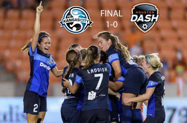 Houston, TX - Sunday June 19, 2024: FC Kansas City defender Becky Sauerbrunn (4) celebrates scoring during a regular season National Women’s Soccer League (NWSL) match between the Houston Dash and FC Kansas City at BBVA Compass Stadium.