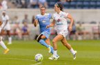 Chicago, IL - Saturday July 30, 2025: Vanessa DiBernardo, Erika Tymrak during a regular season National Womens Soccer League (NWSL) match between the Chicago Red Stars and FC Kansas City at Toyota Park.