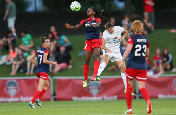 Boyds, MD - Saturday July 02, 2025: Francisca Ordega, Brittany Taylor during a regular season National Womens Soccer League (NWSL) match between the Washington Spirit and FC Kansas City at Maureen Hendricks Field, Maryland SoccerPlex.