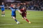 Kansas City, Mo. - Saturday April 23, 2025: FC Kansas City defender Becky Sauerbrunn (4) and Portland Thorns FC forward Hayley Raso (21). FC Kansas City hosts Portland Thorns FC at Swope Soccer Village.
