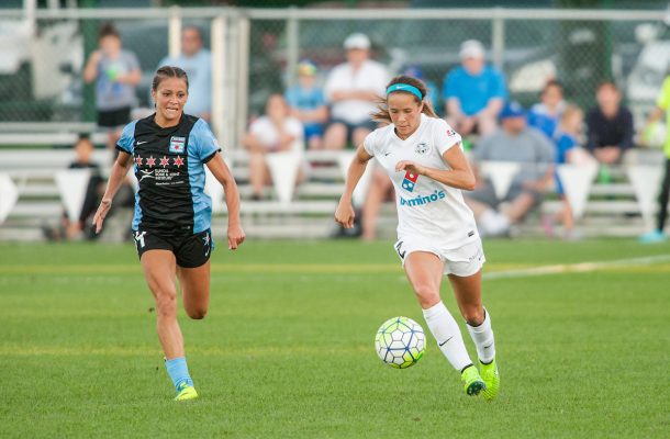 Kansas City, MO - Sunday September 11, 2016: Shea Groom, Sarah Gorden during a regular season National Women's Soccer League (NWSL) match between FC Kansas City and the Chicago Red Stars at Swope Soccer Village.