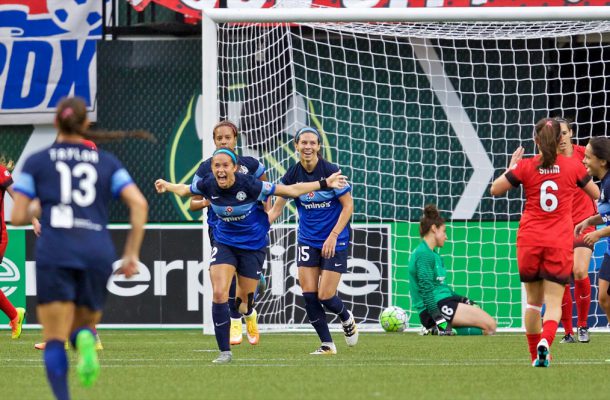 Portland, OR - Saturday July 09, 2016: Shea Groom celebrates scoring during a regular season National Womens Soccer League (NWSL) match between the Portland Thorns FC and FC Kansas City at Providence Park.